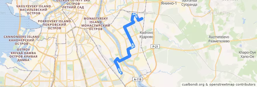 Mapa del recorrido Автобус № 118: проспект Александровской Фермы => улица Коллонтай de la línea  en Невский район.