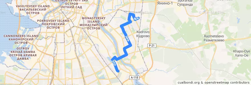 Mapa del recorrido Автобус № 118: улица Коллонтай => проспект Александровской Фермы de la línea  en Невский район.