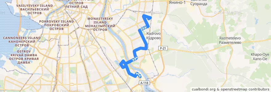 Mapa del recorrido Автобус № 97: Троицкое поле => улица Коллонтай de la línea  en Невский район.
