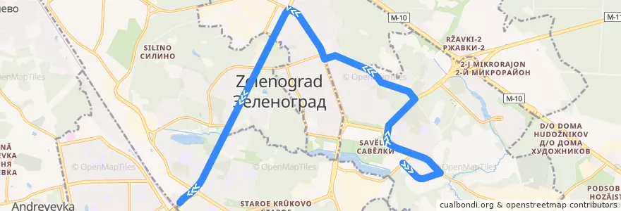 Mapa del recorrido Автобус № 10: Городская больница - Станция Крюково de la línea  en Зеленоградский административный округ.