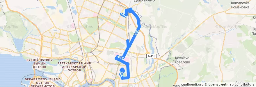 Mapa del recorrido Автобус № 183: станция метро "Гражданский проспект" => улица Маршала Тухачевского de la línea  en Saint Petersburg.