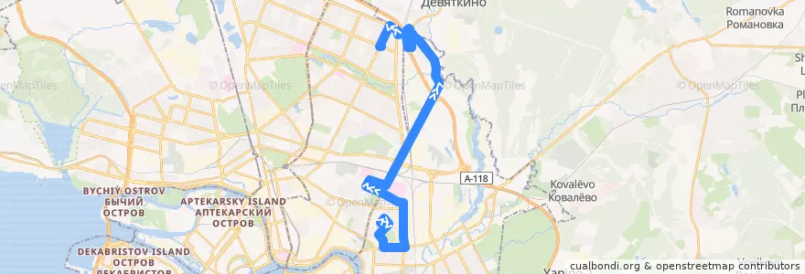 Mapa del recorrido Автобус № 183: улица Маршала Тухачевского => станция метро "Гражданский проспект" de la línea  en Санкт-Петербург.