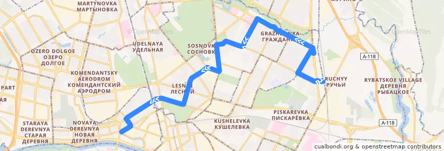 Mapa del recorrido Автобус № 94: железнодорожная станция «Ручьи» => станция метро «Чёрная речка» de la línea  en Санкт-Петербург.
