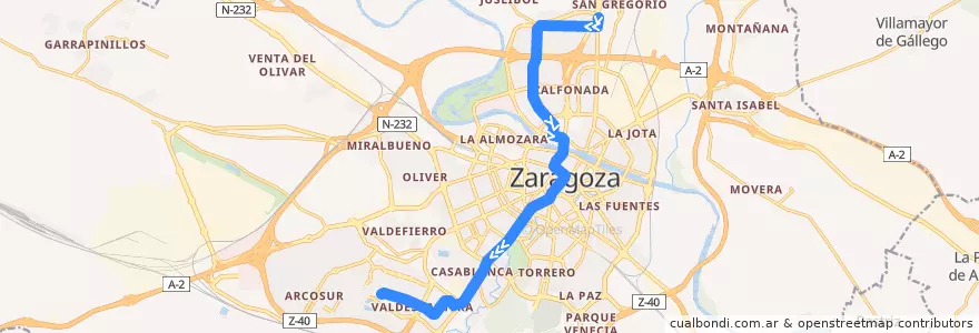 Mapa del recorrido L1: Avenida de la Academia => Mago de Oz de la línea  en Zaragoza.