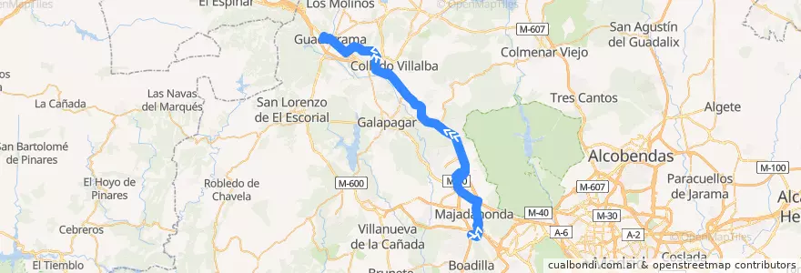 Mapa del recorrido Bus 685: Majadahonda (Hospital) → La Rozas → Villalba → Guadarrama de la línea  en منطقة مدريد.