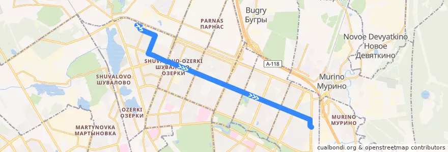 Mapa del recorrido Автобус № 121: улица Жени Егоровой => улица Руставели de la línea  en Санкт-Петербург.