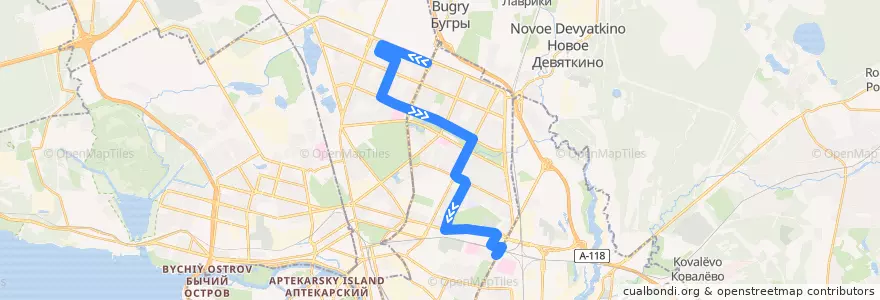Mapa del recorrido Автобус № 178: проспект Культуры => ж/д станция Пискарёвка de la línea  en Санкт-Петербург.