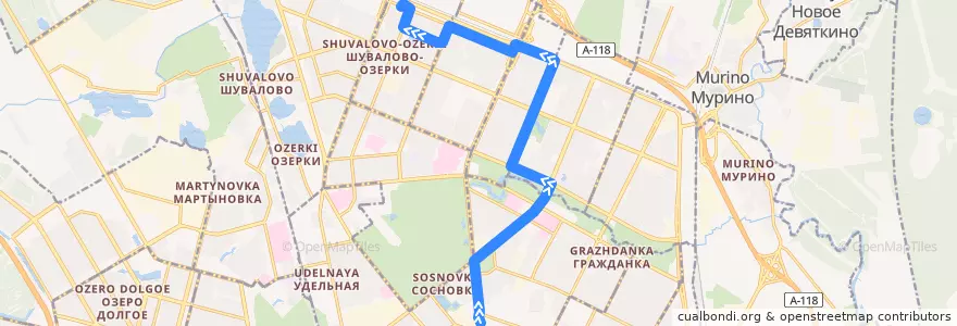 Mapa del recorrido Автобус № 69: станция метро «Политехническая» => Придорожная аллея de la línea  en Санкт-Петербург.