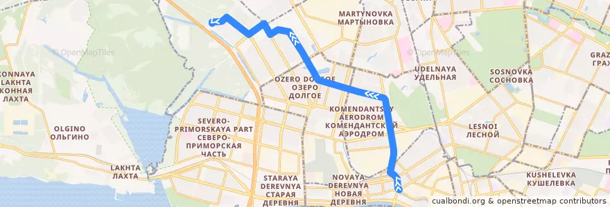 Mapa del recorrido Автобус № 79: станция метро «Чёрная речка» => Глухарская улица de la línea  en Приморский район.