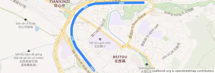 Mapa del recorrido 捷運紅線 (新北投支線) MRT red line (Xinbeitou Branch Line) de la línea  en 北投區.