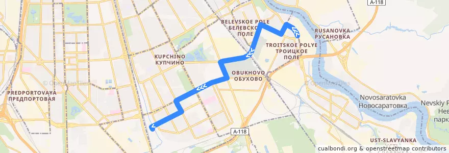 Mapa del recorrido Автобус № 53: Троицкое поле => станция метро «Купчино» de la línea  en Санкт-Петербург.