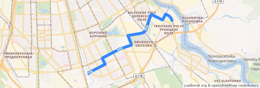 Mapa del recorrido Автобус № 53: станция метро "Купчино" => Троицкое поле => de la línea  en Saint Petersburg.
