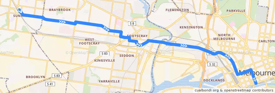 Mapa del recorrido Bus 216: Sunshine Station => Dynon Road => City (Queen Street) de la línea  en ولاية فيكتوريا.