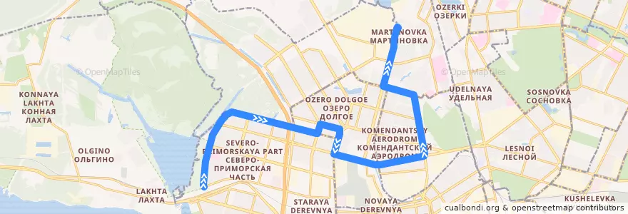Mapa del recorrido Автобус № 172: Мебельная улица => Репищева улица de la línea  en Приморский район.