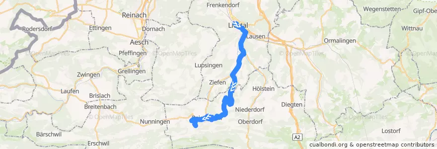 Mapa del recorrido Bus 71: Liestal, Bahnhof => Lauwil, Dorf de la línea  en Basilea Campagna.