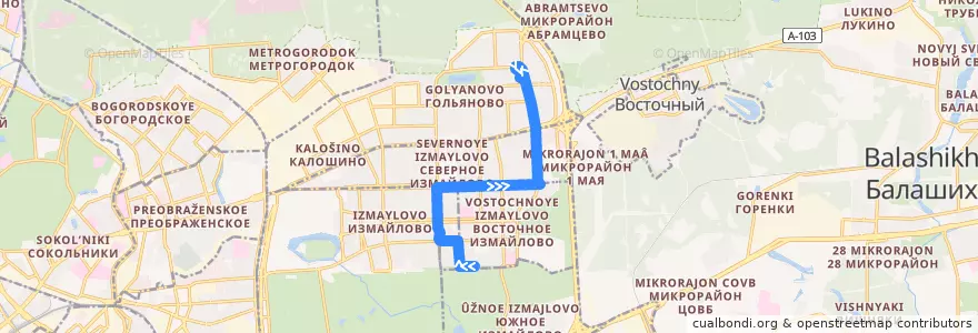 Mapa del recorrido Автобус Т55: МФЦ "Восточное Измайлово" => Уссурийская улица de la línea  en Eastern Administrative Okrug.