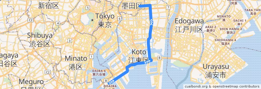 Mapa del recorrido 東京都交通局 急05 錦糸町駅前 - パレットタウン前 de la línea  en 江東区.