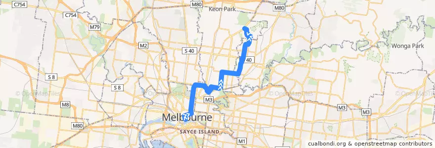 Mapa del recorrido Bus 250: City (Queen Street) => Clifton Hill => La Trobe University de la línea  en Виктория.