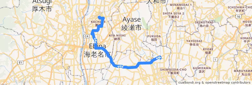 Mapa del recorrido 長16 厚木ナイロン経由 海老名駅行き de la línea  en 神奈川県.