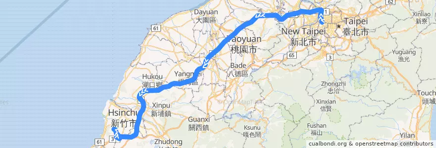 Mapa del recorrido 2011 臺北市-新竹香山牧場[經茄苳交流道](往程) de la línea  en 타이완.
