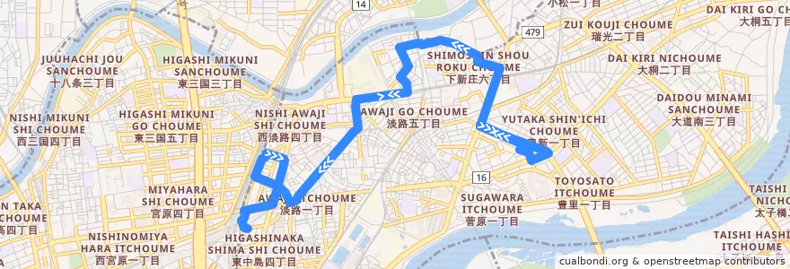 Mapa del recorrido 東淀川区役所前～新大阪駅東口 de la línea  en Higashiyodogawa Ward.