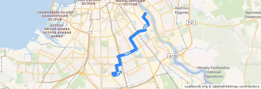 Mapa del recorrido Автобус № 116: Звёздная улица => Большой Смоленский проспект de la línea  en سانت بطرسبرغ.