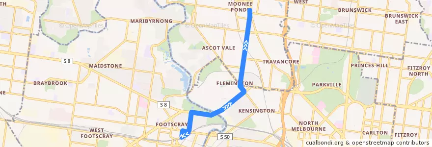 Mapa del recorrido Bus 404: Footscray => Newmarket => Moonee Ponds Interchange de la línea  en ビクトリア.