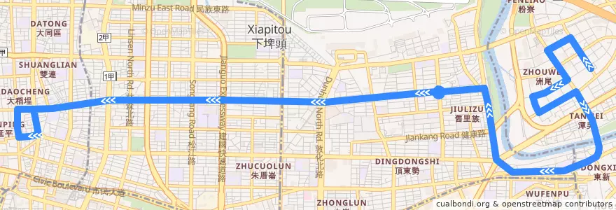 Mapa del recorrido 臺北市 民生幹線 麥帥新城-圓環(往程) de la línea  en Taipeh.