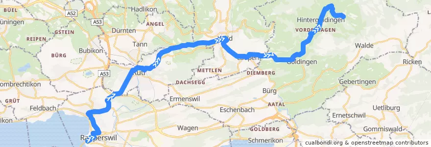 Mapa del recorrido Bus 885: Rapperswil SG, Bahnhof => Atzmännig, Schutt de la línea  en Suisse.