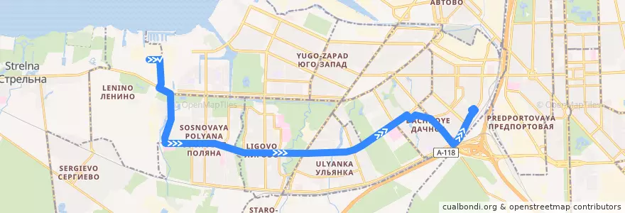 Mapa del recorrido Автобус № 68: ЛЭМЗ => Счастливая улица de la línea  en Санкт-Петербург.