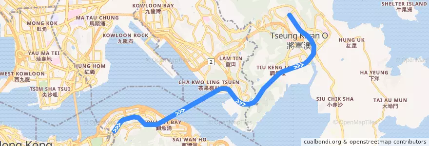 Mapa del recorrido 將軍澳綫 Tseung Kwan O Line (北行 Northbound) de la línea  en Wilayah Baru.