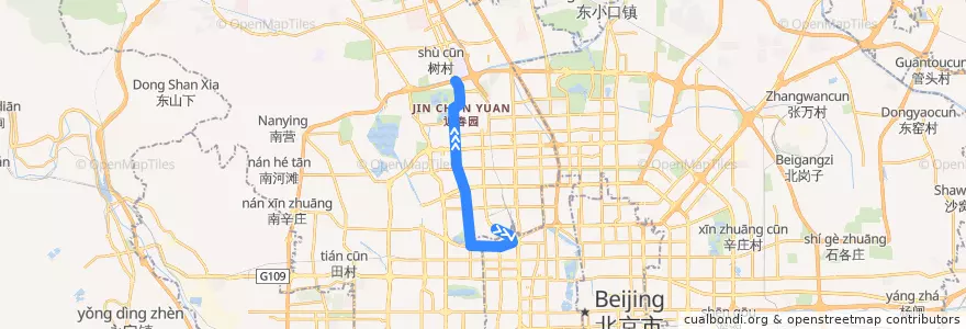 Mapa del recorrido Bus 运通105: 中苑宾馆 => 上地五街东口 de la línea  en Pekin.