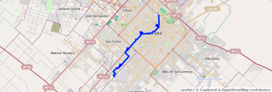 Mapa del recorrido 27 de la línea Oeste en Partido de La Plata.