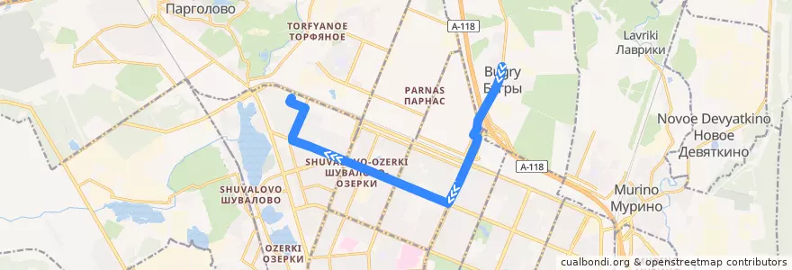 Mapa del recorrido Автобус № 99: Бугры => улица Жени Егоровой de la línea  en Выборгский район.