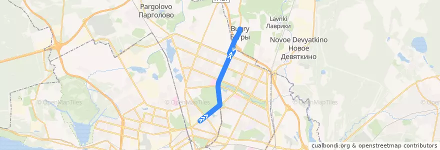 Mapa del recorrido Автобус № 99ш: улица Орбели => Бугры de la línea  en Sankt Petersburg.