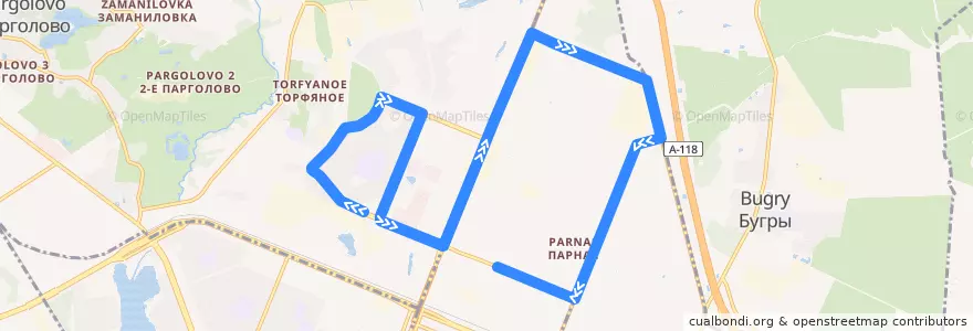 Mapa del recorrido Автобус № 113: станция метро «Парнас» => 3-й Верхний переулок, 5 de la línea  en Выборгский район.
