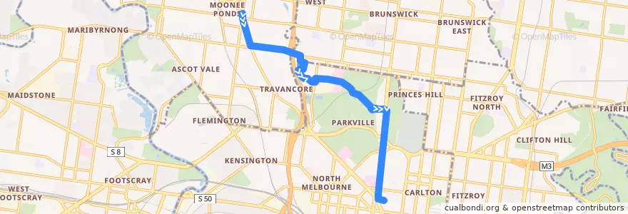 Mapa del recorrido Bus 505: Moonee Ponds Interchange => Parkville Gardens => Melbourne University de la línea  en Victoria.