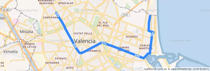 Mapa del recorrido Bus 92: Campanar => la Malva-rosa de la línea  en Comarca de València.