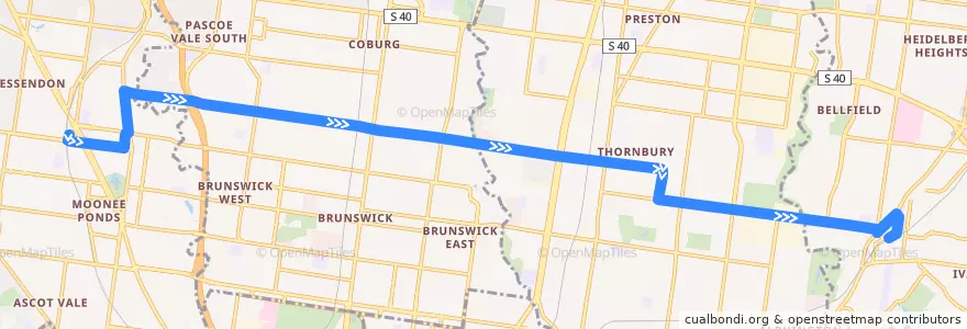 Mapa del recorrido Bus 510: Essendon => Brunswick & Northcote & Thornbury => Ivanhoe de la línea  en Victoria.