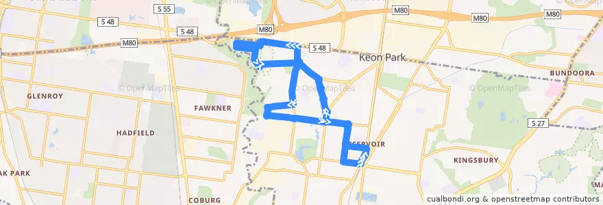 Mapa del recorrido Bus 558: Reservoir => North West Reservoir => Reservoir (anti-clockwise loop) de la línea  en City of Darebin.