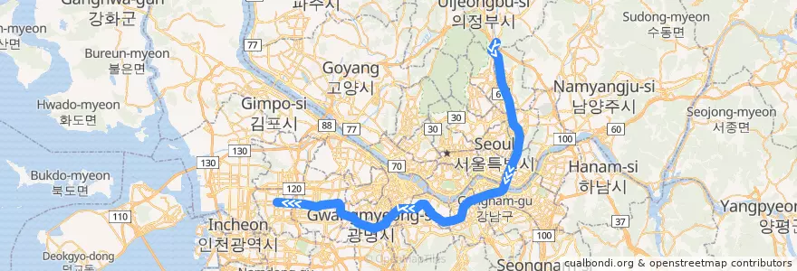 Mapa del recorrido 서울 지하철 7호선: 장암 → 부평구청 de la línea  en 大韓民国.