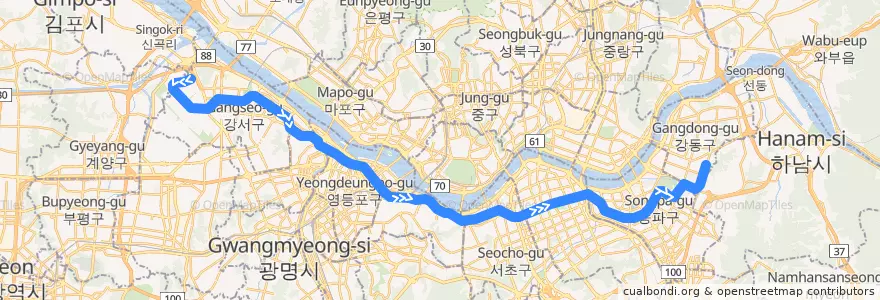 Mapa del recorrido 서울 지하철 9호선: 개화 → 중앙보훈병원 de la línea  en ソウル.