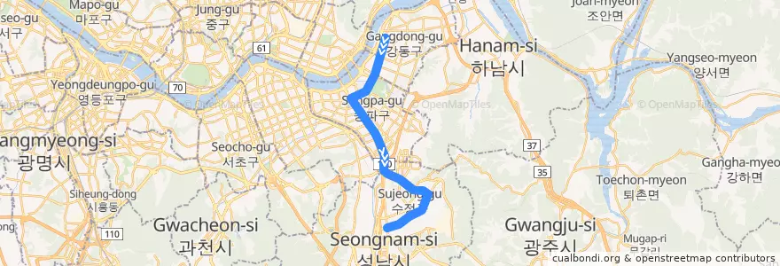 Mapa del recorrido 서울 지하철 8호선: 암사 → 모란 de la línea  en South Korea.