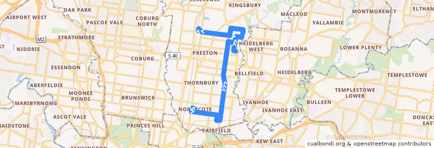 Mapa del recorrido Bus 567: Northcote => Northland SC => Regent de la línea  en City of Darebin.