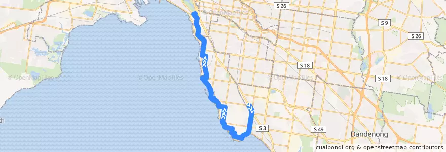 Mapa del recorrido Bus 923: Southland SC => Beach Road & Brighton Beach => St Kilda Station de la línea  en ビクトリア.
