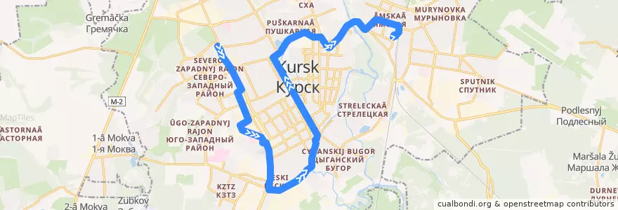 Mapa del recorrido Маршрут трамвая №2: "Автовокзал - Железнодорожный вокзал" de la línea  en Kursk.