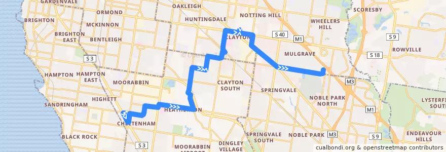 Mapa del recorrido Bus 631: Southland SC => Clayton & Monash University => Waverley Gardens SC de la línea  en ビクトリア.