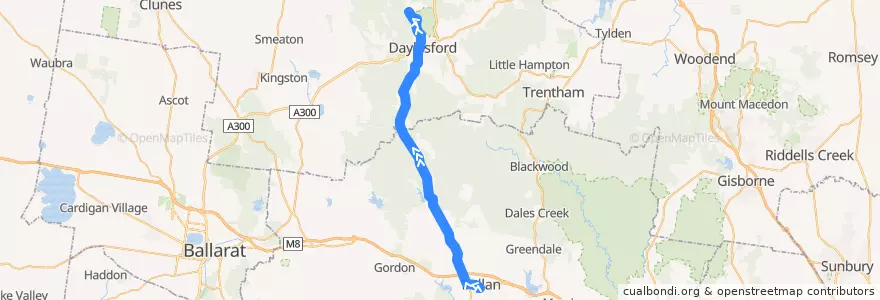 Mapa del recorrido Ballan - Hepburn via Daylesford de la línea  en ビクトリア.