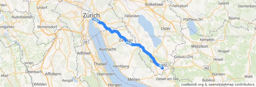 Mapa del recorrido S18: Zürich Stadelhofen –> Esslingen de la línea  en Zürich.