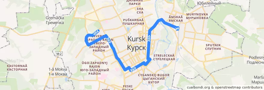 Mapa del recorrido Маршрут автобуса №86: "Орловская улица - Железнодорожный вокзал" de la línea  en Kursk.